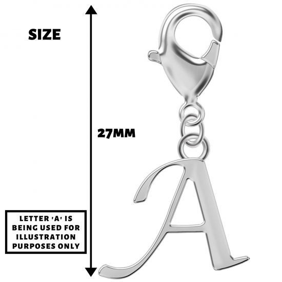 Silver Initials Charm with Spring Lobster Clasp - Fits All Pandora Bracelets - Letters A to Z