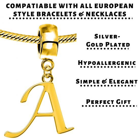 Gold Plated Initials Plain Charm for  Pandora Bracelets - Letters A to Z