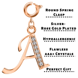 Silver Initials Charm with CZ  Crystals, Rose Gold Plated - Round Spring Clasp
