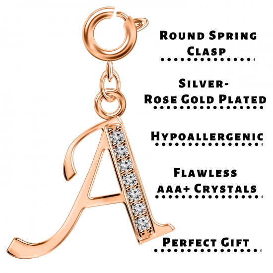 Silver Initials Charm with CZ  Crystals, Rose Gold Plated - Round Spring Clasp