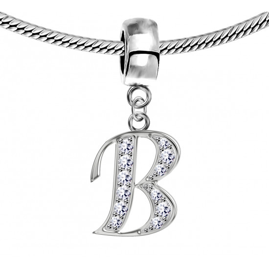 Bracelet compatible Silver Initial Charm with CZ  Crystals - Fits all European Bracelets - Letters A to Z