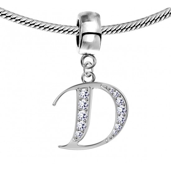 Bracelet compatible Silver Initial Charm with CZ  Crystals - Fits all European Bracelets - Letters A to Z