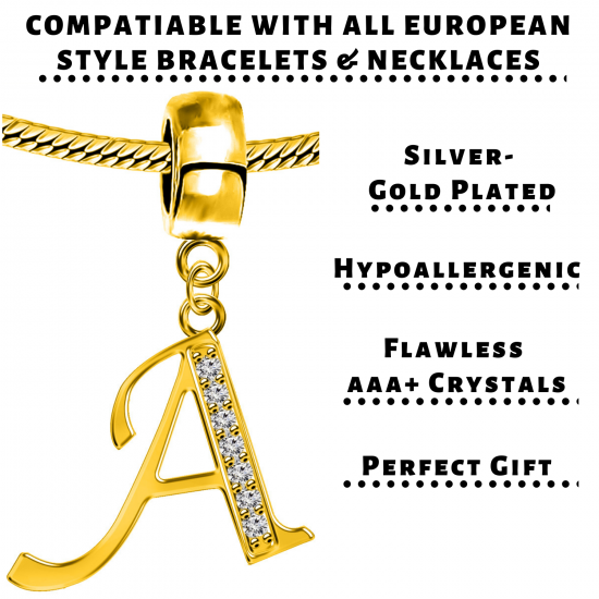 Silver Initials Gold Plated Charm - Fits all European Bracelets - Letters A to Z