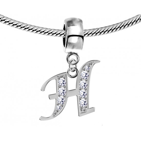 Bracelet compatible Silver Initial Charm with CZ  Crystals - Fits all European Bracelets - Letters A to Z