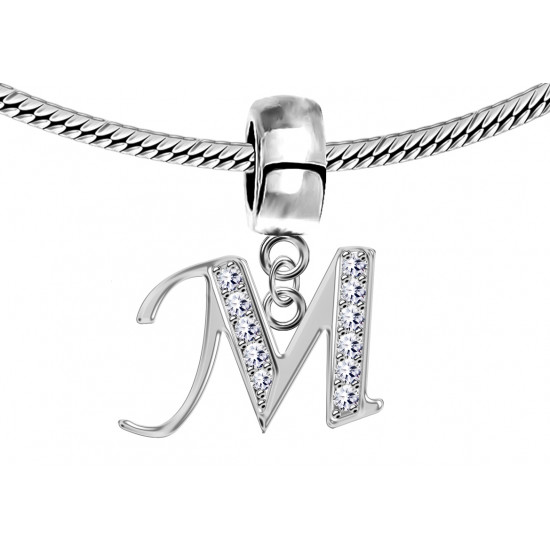 Bracelet compatible Silver Initial Charm with CZ  Crystals - Fits all European Bracelets - Letters A to Z