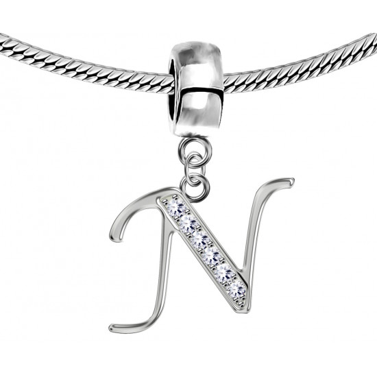 Bracelet compatible Silver Initial Charm with CZ  Crystals - Fits all European Bracelets - Letters A to Z