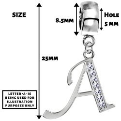 Bracelet compatible Silver Initial Charm with CZ  Crystals - Fits all European Bracelets - Letters A to Z