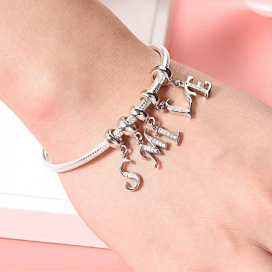 Bracelet compatible Silver Initial Charm with CZ  Crystals - Fits all European Bracelets - Letters A to Z