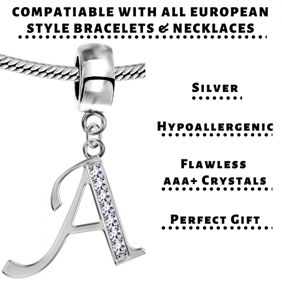 Bracelet compatible Silver Initial Charm with CZ  Crystals - Fits all European Bracelets - Letters A to Z