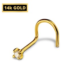 14K Gold Nose Screw Stud Piercing with 4 Prong Set CZ Stone Crystals