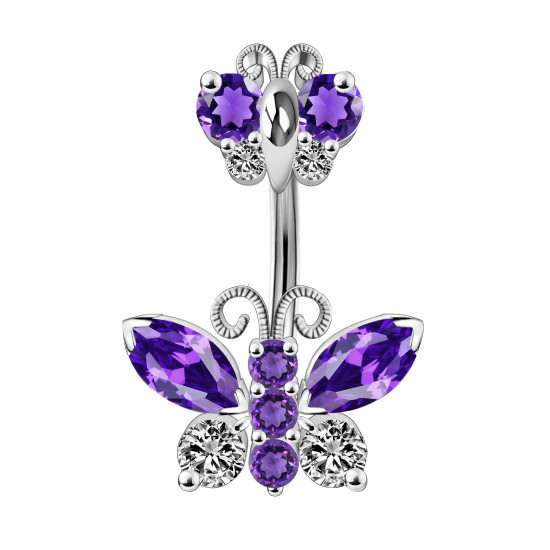 Silver 925 Double Butterfly Design Belly Button Piercing Bars with CZ Crystals - Various Colours - All our Jewellery is Quality Checked by Sheffield Assay office