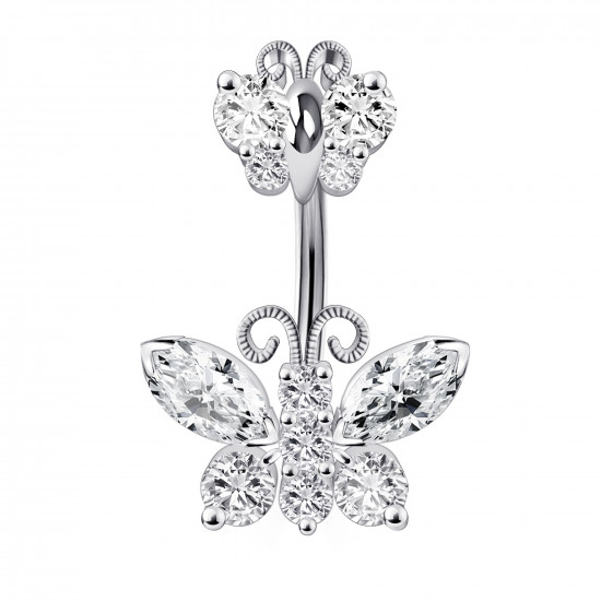 Silver 925 Double Butterfly Design Belly Button Piercing Bars with CZ Crystals - Various Colours - All our Jewellery is Quality Checked by Sheffield Assay office