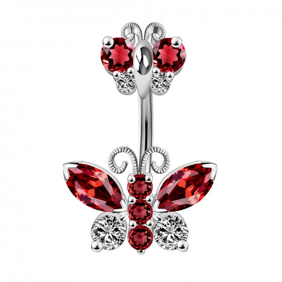 Silver 925 Double Butterfly Design Belly Button Piercing Bars with CZ Crystals - Various Colours - All our Jewellery is Quality Checked by Sheffield Assay office