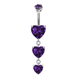 Triple Dangly Heart Drop Silver Belly Bars with CZ Crystals - Various Colours - All our Jewellery is Quality Checked by Sheffield Assay office