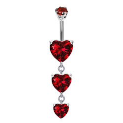 Triple Dangly Heart Drop Silver Belly Bars with CZ Crystals - Various Colours - All our Jewellery is Quality Checked by Sheffield Assay office