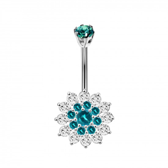 Sterling Silver Sun Flower CZ Crystal Belly Bars 1.6mm / 14G - Various Colours - All our Jewellery is Quality Checked by Sheffield Assay office