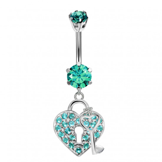 Heart & Key Belly Belly Bars in Silver with CZ Crystals - Various Colours - All our Jewellery is Quality Checked by Sheffield Assay office
