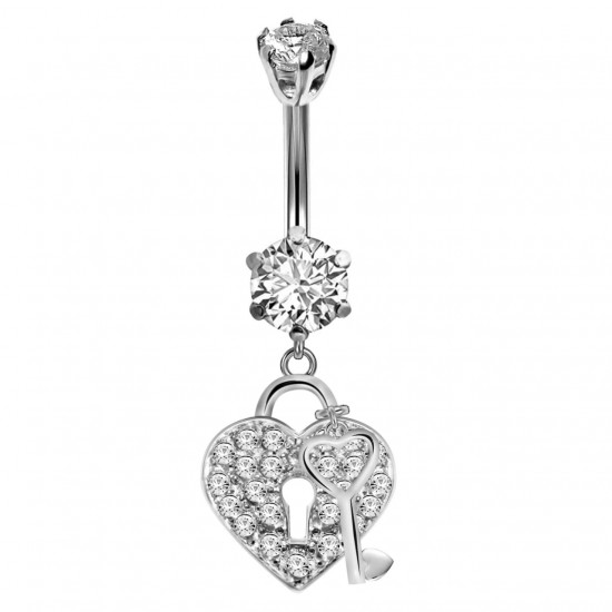Heart & Key Belly Belly Bars in Silver with CZ Crystals - Various Colours - All our Jewellery is Quality Checked by Sheffield Assay office