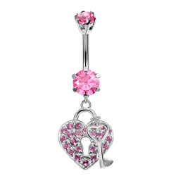 Heart & Key Belly Belly Bars in Silver with CZ Crystals - Various Colours - All our Jewellery is Quality Checked by Sheffield Assay office