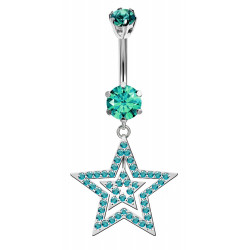 Double Star Dangle Belly Bars in Silver with CZ Crystals - Various Colours - All our Jewellery is Quality Checked by Sheffield Assay office