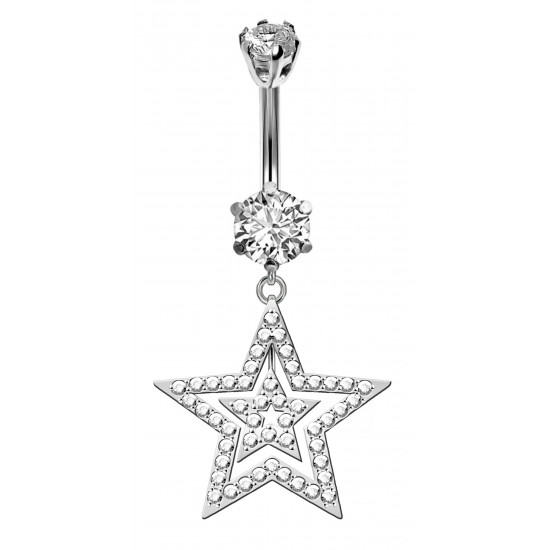 Double Star Dangle Belly Bars in Silver with CZ Crystals - Various Colours - All our Jewellery is Quality Checked by Sheffield Assay office