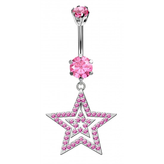 Double Star Dangle Belly Bars in Silver with CZ Crystals - Various Colours - All our Jewellery is Quality Checked by Sheffield Assay office