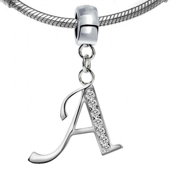 Bracelet compatible Silver Initial Charm with CZ  Crystals - Fits all European Bracelets - Letters A to Z