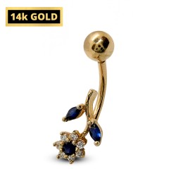 14K Gold Belly Bar - Flower Belly Ring with Crystals