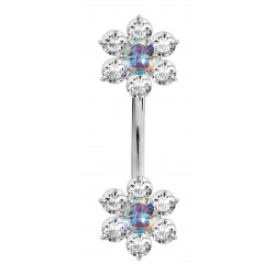 Double Flower Sterling Silver Belly Bars 1.6mm / 14G with CZ Crystals - Various Colours - All our Jewellery is Quality Checked by Sheffield Assay office