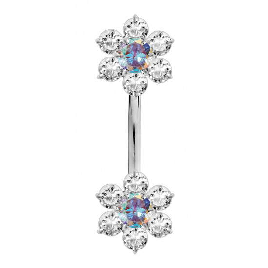 Double Flower Sterling Silver Belly Bars 1.6mm / 14G with CZ Crystals - Various Colours - All our Jewellery is Quality Checked by Sheffield Assay office