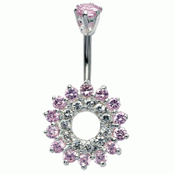 Silver 925 Belly Button Piercing Bar - Flower with Central Hole Surrounded by CZ Crystals - Various Colours - All our Jewellery is Quality Checked by Sheffield Assay office