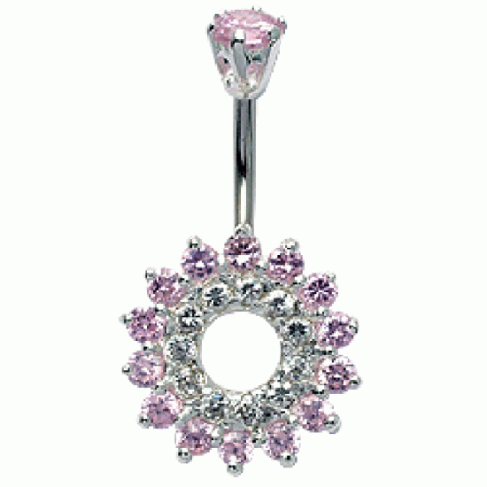 Silver 925 Belly Button Piercing Bar - Flower with Central Hole Surrounded by CZ Crystals - Various Colours - All our Jewellery is Quality Checked by Sheffield Assay office