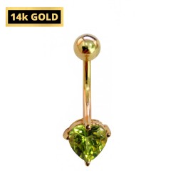 14K Gold Belly Bar - Heart Belly RIng with Crystal