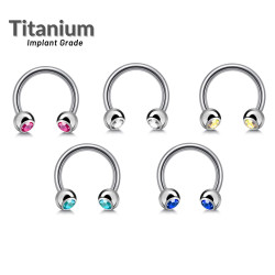 Titanium Horseshoe Barbell Piercing with Gem Balls - 14G (1.6mm) - Titanium Septum Ring, Nose Ring, Nipple Ring, PA Circular Barbell Ring with Gem Balls - Quality Tested at Sheffield Assay England