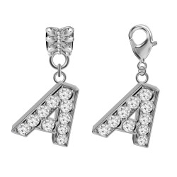Silver Plated Alphabet Charm  - 2 Pieces Bead Charm with CZ Crystals - Fits all Pandora Bracelets - Letters A to Z