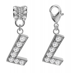 Silver Plated Alphabet Charm  - 2 Pieces Bead Charm with CZ Crystals - Fits all Pandora Bracelets - Letters A to Z