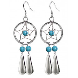 Handmade Silver Dreamcatcher Star with Dangle Tear Drop Earrings with Genuine Stone Beads That Comes in Coral, Turquoise, Onyx, Lapis and White.