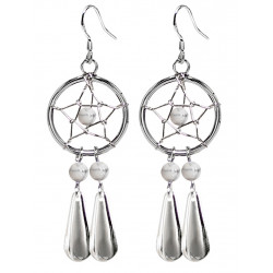 Handmade Silver Dreamcatcher Star with Dangle Tear Drop Earrings with Genuine Stone Beads That Comes in Coral, Turquoise, Onyx, Lapis and White.