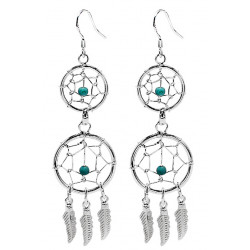 Hand Made Silver Dreamcatcher Double Dangle Earrings with Genuine Stone Beads That Comes in Coral, Turquoise, Onyx, Lapis and White.