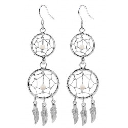 Hand Made Silver Dreamcatcher Double Dangle Earrings with Genuine Stone Beads That Comes in Coral, Turquoise, Onyx, Lapis and White.