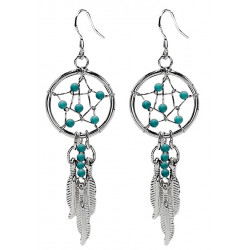 Hand Made Silver Dreamcatcher Star Dangle Earrings with Genuine Stone Beads That Comes in Coral, Turquoise, Onyx, Lapis and White.