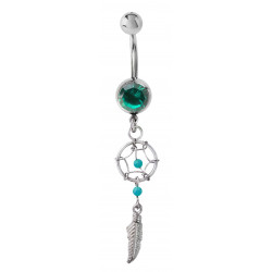 Silver Dreamcatcher One Feather Belly Bar with Genuine Stone Beads That Comes in Coral, Turquoise, Onyx, Lapis and White.