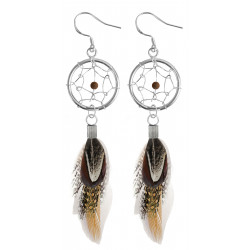 Silver Dreamcatcher Earrings or Pendant with Genuine Stone Beads and Plumage Bird Feathers.