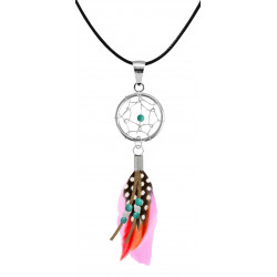 Silver Dreamcatcher Pendant with Genuine Stone Beads and Plumage Bird Feathers.