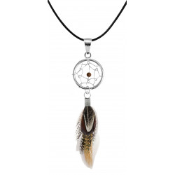Silver Dreamcatcher Pendant with Genuine Stone Beads and Plumage Bird Feathers.
