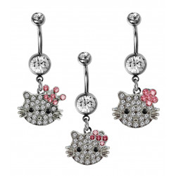 Hello Kitty Belly Ring, Belly Bars, Belly Button Piercing - Dangle Navel Ring with Hello Kitty Studded with CZ Crystal Stones - Surgical Steel 316L - 14g (1.6mm) and Length is 12mm