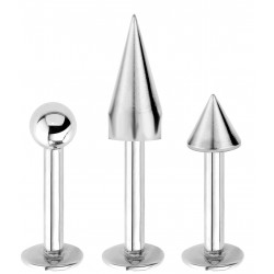Surgical Steel Labret Sets - (1.2MM/14G)  Set of 3 Different Style Cone, Spike and Ball - Quality tested by Sheffield Assay Office England