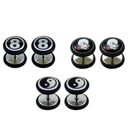 Fake Plugs with black rubber O ring - Pair of 2 pieces Fake Plugs - Comes in Various Designs - 8Ball - Skull and Yin Yang - Size 8MM - Quality Tested by Sheffield Assay Office in England.