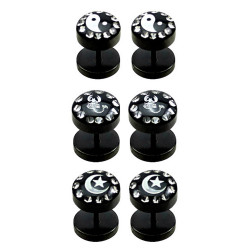 Black Fake Plugs - Pair of 2 pieces Fake Plugs - Comes in Various Designs - Moon, Scorpion, Yin Yang - Size 8MM - Quality Tested by Sheffield Assay Office in England.