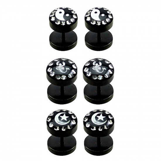 Black Fake Plugs - Pair of 2 pieces Fake Plugs - Comes in Various Designs - Moon, Scorpion, Yin Yang - Size 8MM - Quality Tested by Sheffield Assay Office in England.